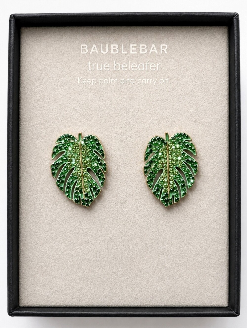 BaubleBar Palm Leaves Enamel Rhinestone Pierced Earrings Green NIB